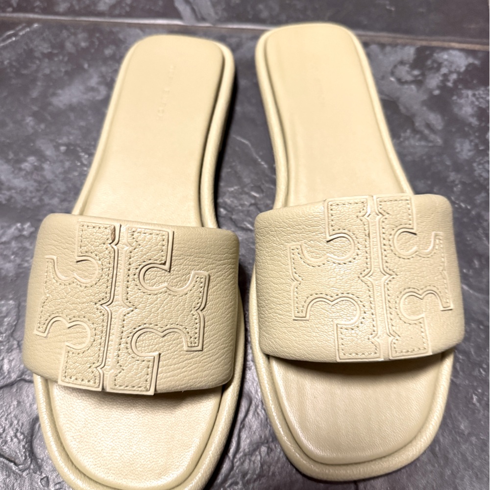 Tory Burch Double T Sport Slide Leather Sandals size 8.5 khaki green